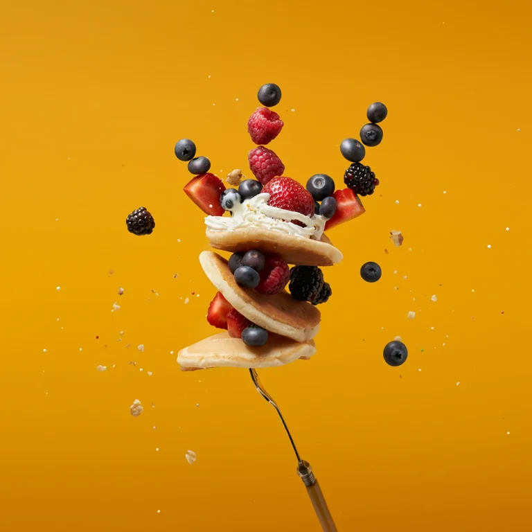 Gestapelte Pfannkuchen mit frischen Beeren auf gelbem Hintergrund