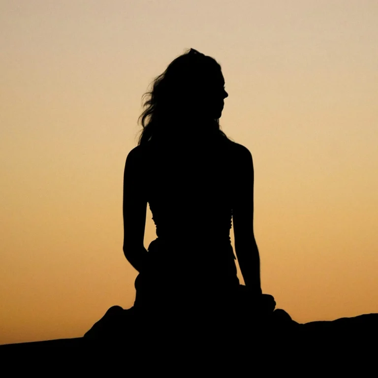 Silhouette einer sitzenden Frau nach einem Sonnenuntergang