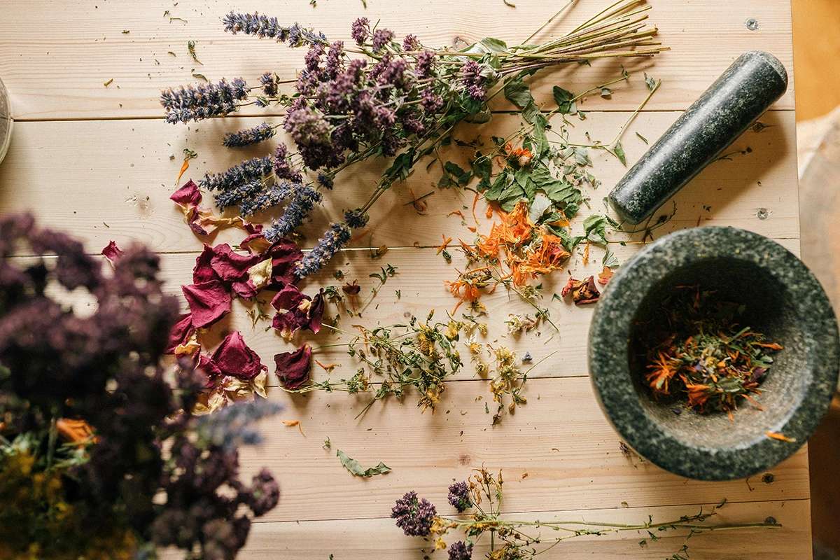 Getrocknete Kräuter mit Mörser und Stößel auf Holzfläche